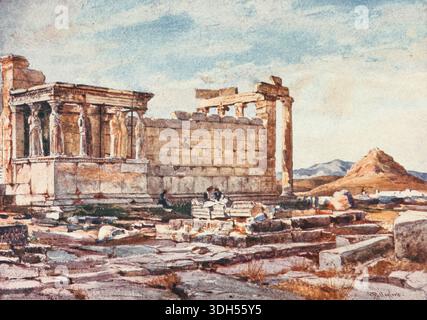 THE SOUTHERN SIDE OF THE ERECHTHEUM, WITH THE FOUNDATIONS OF THE EARLIER TEMPLE OF ATHENA POLIAS The Caryatid portico and south wall of the Erechtheum show very delicate opalescent colours, due chiefly to reflected light from the large slabs and drums of marble lying on the ground north of the Parthenon. The dark Caryatid is a terra-cotta substitute for the original, one of the greatest treasures of the British Museum. The sub-structures in the foreground are the foundations of the archaic Temple ; to the right, in the background, Pentelikon, and, in front of it, Lycabettos brilliantly illumin Stock Photo