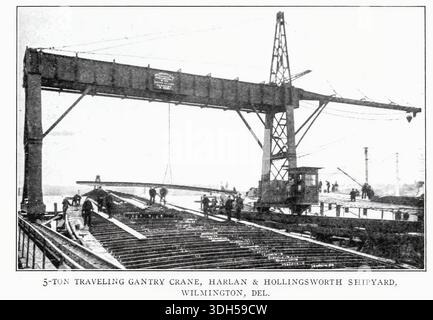 5-TON TRAVELING GANTRY CRANE, HARLAN & HOLLINGSWORTH SHIPYARD, WILMINGTON, DEL. Bridge 70 ft. above ground and 51-ft. span; driven by three variable-speed motors; Wm. Sellers & Co., Inc., Philadelphia, Pa. from the Article MECHANICAL TRANSPORTATION IN THE MODERN MACHINE SHOP. By Frederick A. Waldron. from The Engineering Magazine Devoted to Industrial Progress Volume XXVIII October 1904 - March 1905 The Engineering Magazine Co Stock Photo