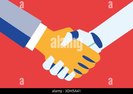 Two hands meet in a handshake, symbolizing partnership and cooperation. One hand is human and the other is robotic, emphasizing collaboration between Stock Photo