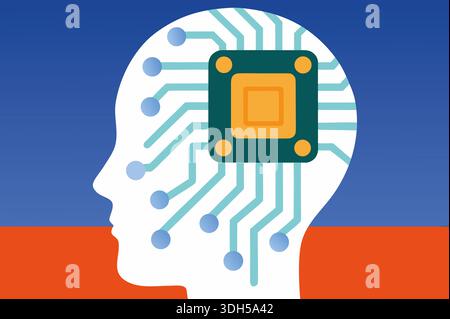 An artistic representation shows a human head silhouette combined with a microchip. This piece symbolizes the merging of human intellect and advanced Stock Photo