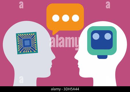 Two abstract heads represent the relationship between technology and human communication. A microchip signifies tech, while a chat bubble shows intera Stock Photo