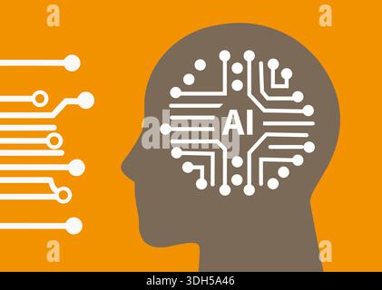 This graphic artwork highlights the intersection of technology and human cognition, showcasing an outline of a human head filled with circuit patterns Stock Photo