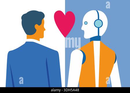 A human and a robot face each other, symbolizing the growing bond between technology and people. The heart graphic highlights the emotional aspect of Stock Photo