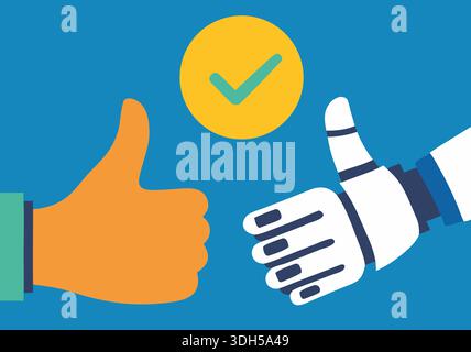 A human hand and a robotic hand are both giving a thumbs up, symbolizing agreement or approval in a bright blue background. The scene emphasizes colla Stock Photo