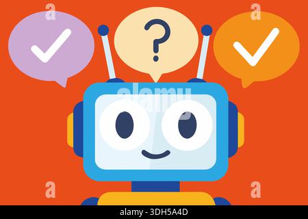 A cheerful robot with a blue face and antennae looks content. It has colorful speech bubbles above its head, showing a question mark and symbols of ap Stock Photo