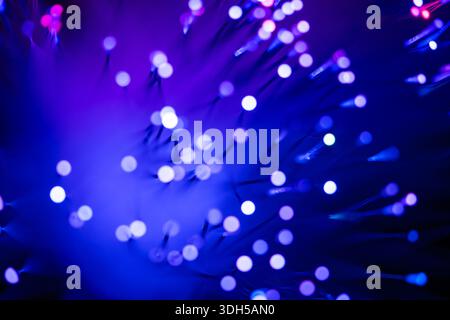 An enchanting abstract display of fiber optic lights in shades of blue and purple. The soft glow creates a dreamy atmosphere, perfect for technology a Stock Photo