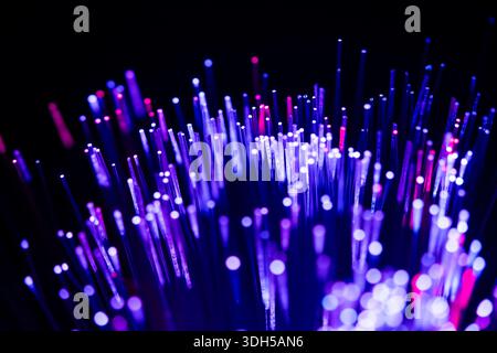 Vibrant blue and purple fiber optic lights create an abstract and mesmerizing pattern against a dark background, showcasing the beauty of modern light Stock Photo