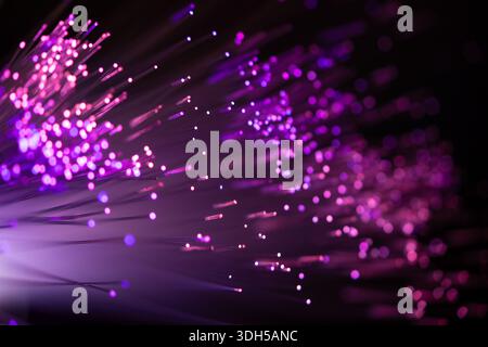 Close-up of glowing fiber optic lights in vibrant purple and pink tones against a dark background. The abstract effect creates a mesmerizing and futur Stock Photo