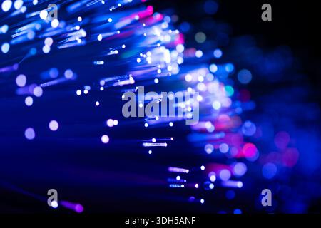 Close-up of colorful fiber optic cables creating a vibrant bokeh effect. The dynamic hues of blue and purple dominate the dark background, evoking a s Stock Photo