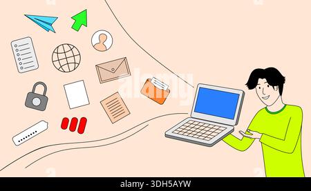 A man is holding a laptop with a lot of papers and other items on it. Concept of a busy workday, with the man likely working on multiple projects or t Stock Vector