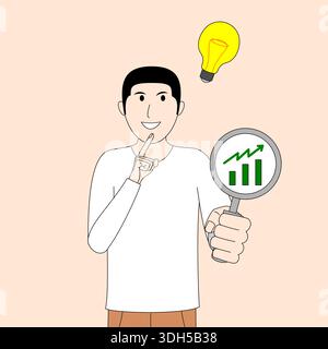 A man is holding a magnifying glass with graphic on it and smiling. he is thinking and got an idea. The Power of a Bright Idea Stock Vector