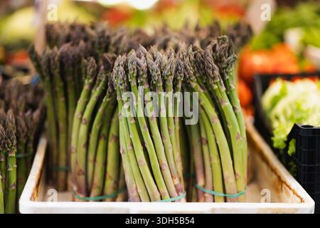 A vibrant array of fresh asparagus is displayed in a market, surrounded by a lively assortment of green vegetables in the background, showcasing natur Stock Photo