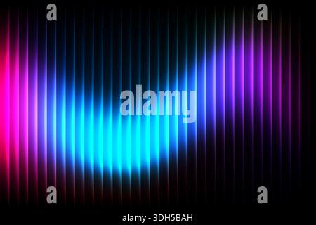 Abstract illustration featuring a dynamic neon gradient with vertical lines on a black background. The colors transition smoothly from vibrant pink to Stock Photo