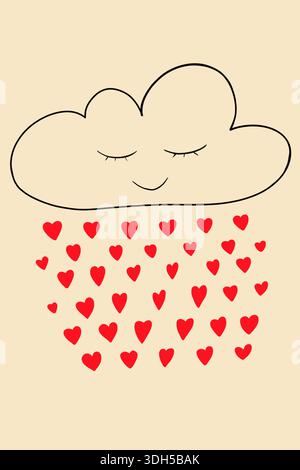 Charming illustration of a cloud raining red hearts, creating a delightful St. Valentine's pattern that evokes love and happiness. A perfect design fo Stock Photo