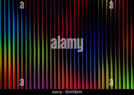 An abstract illustration featuring vibrant vertical neon lines transitioning through a spectrum of colors on a deep black background, creating a dazzl Stock Photo