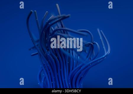 An abstract digital image featuring an artistic arrangement of blue wires extending dynamically against a blue background, symbolizing technology and Stock Photo