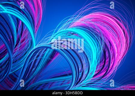 A vibrant 3D illustration featuring intertwined hair-like waves in bright blue, purple and pink hues against a deep blue background. The colorful stra Stock Photo