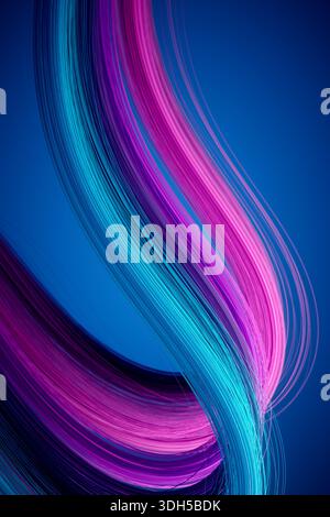 A vivid 3D illustration showcasing elegant, colorful hair-like waves in shades of blue, magenta, purple and pink, set against a deep blue background, Stock Photo