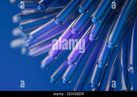 Abstract close up of blue optical fiber cables against a vibrant blue backdrop. The wired structure emphasizes technology and connections, creating a Stock Photo