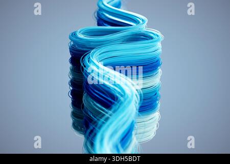 A 3D abstract illustration features a twisting stream of blue strands flowing upward. The gradient of light to dark blue gives a dynamic and modern fe Stock Photo