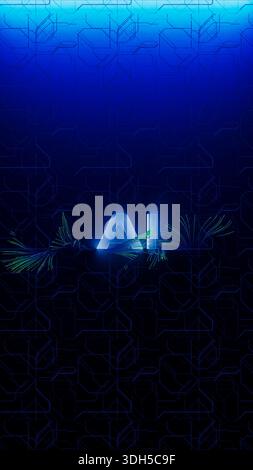 The design features bold AI letters against a blue backdrop, enhanced by glowing patterns and digital elements, reflecting modern technology. Stock Photo