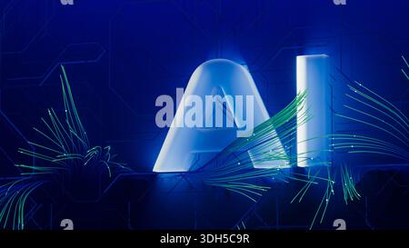 The design features bold AI letters against a blue backdrop, enhanced by glowing patterns and digital elements, reflecting modern technology. Stock Photo