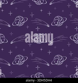 Purple dark pattern featuring cosmic starry universe. Hand drawn doodle style sketch, with planets, stars, and comets. Vector illustration Stock Vector