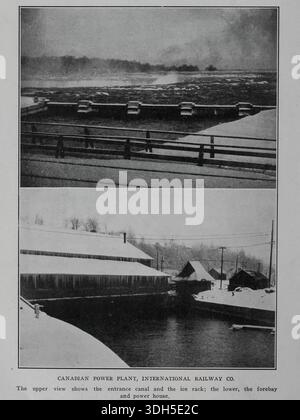 CANADIAN POWER PLANT, INTERNATIONAL RAILWAY CO. The upper view shows the entrance canal and the ice rack; the lower, the forebay and power house. from the Article HYDRO-ELECTRIC POWER PLANTS IN THE CANADIAN NIAGARA DISTRICT. By Cecil B. Smith. from The Engineering Magazine Devoted to Industrial Progress Volume XXVIII October 1904 - March 1905 The Engineering Magazine Co Stock Photo