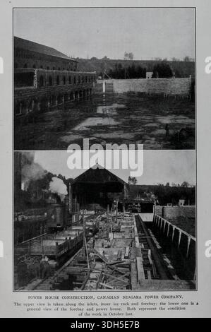 POWER HOUSE CONSTRUCTION, CANADIAN NIAGARA POWER COMPANY. The upper view is taken along the inlets, inner ice rack and forebay; the lower one is general view of the forebay and power house. Both represent the condition of the work in October 1904. from the Article HYDRO-ELECTRIC POWER PLANTS IN THE CANADIAN NIAGARA DISTRICT. By Cecil B. Smith. from The Engineering Magazine Devoted to Industrial Progress Volume XXVIII October 1904 - March 1905 The Engineering Magazine Co Stock Photo
