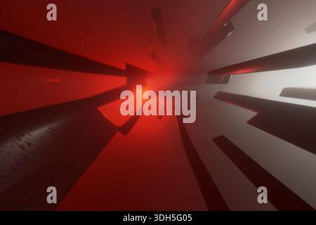 Abstract 3D render showing red illuminated geometric forms floating and converging toward a bright center. No people present. Futuristic visual concep Stock Photo