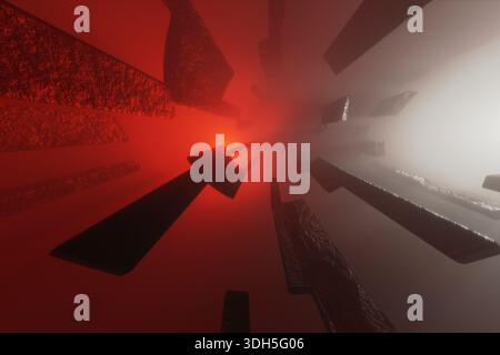 Abstract 3D render showing red illuminated geometric forms floating and converging toward a bright center. No people present. Futuristic visual concep Stock Photo