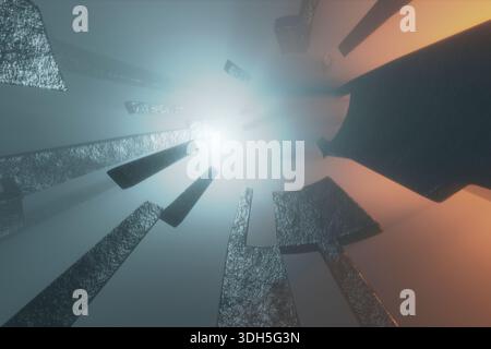 Abstract 3D render showing floating geometric blocks inside a foggy tunnel, illuminated by cool white light on one side and warm orange light on the o Stock Photo