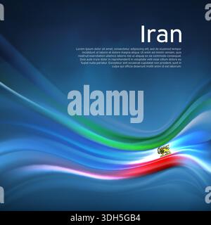 Waving flag of iran lion and sun background. Abstract iranian flag in the blue sky. Iranian protest, revolution, riot. Template banner, iran poster Stock Vector