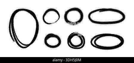Halftone hand sketched ovals and round shapes created with pen strokes. Artistic doodle frames and circular borders for design projects, notes, and Stock Vector