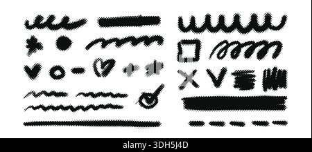 Hand drawn line elements with halftone texture. Brush stroke arrows, pencil sketches, and marker doodles. Perfect for creative designs and handwritten Stock Vector