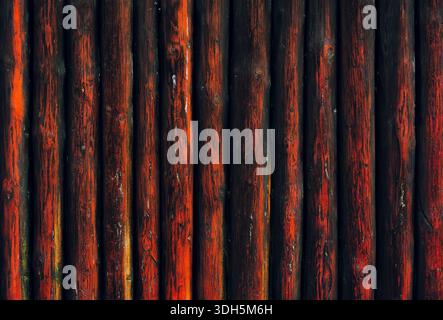 Vertical Wooden Logs with Dark Red Weathered Surface Texture Stock Photo