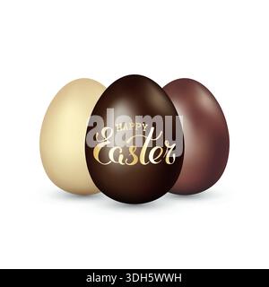 Chocolate easter eggs. Easter gift. Handwritten typography golden logo. Set eggs, dark, milk chocolate on white background. Holiday greeting card Stock Vector
