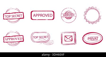 Red stamp set top secret sign, confidential envelope, letter, rubber seal. Stamps with wavy lines, decorative edges. post office marks and envelope designs, vintage. Vector illustration Stock Vector