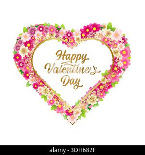 Happy Valentine's Day floral greeting card. Pink heart with 3D flowers and golden glittering elements Stock Vector