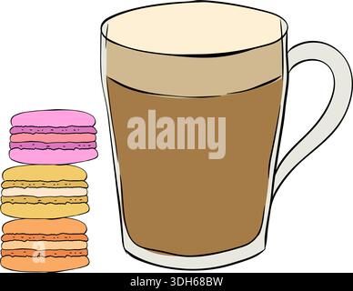 cup of coffee with macaron icon vector macaroons sign Cafe composition hand drawn illustration. Vector graphic line ink colored art. Design for packag Stock Vector