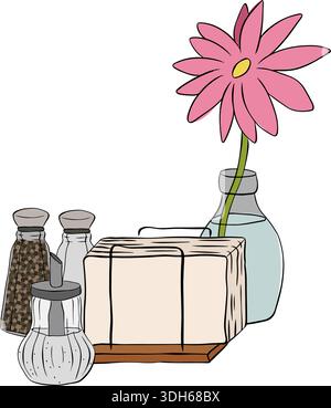 Tea time setup illustration Cafe composition hand drawn illustration. Vector graphic line ink colored art. Whimsical hand drawn elements of hot bevera Stock Vector