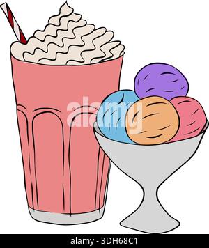 Milkshake Frappe Creamy Beverage Drink Icon ice cream Cafe composition hand drawn illustration. Vector graphic line ink colored art. For logo, web, pa Stock Vector