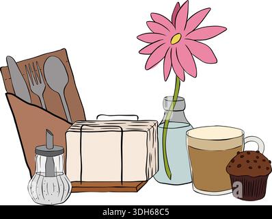 Illustration with a coffee cup and muffins. napkin, fork, knife, sugar, flower Cafe composition hand drawn illustration. Vector graphic line ink color Stock Vector