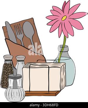 Tableware icons Cafe composition hand drawn illustration. Vector graphic line ink colored art. salt, pepper, sugar, flower, napkin, fork, knife, spoon Stock Vector