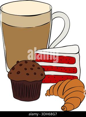 Coffee muffin cake croissant Cafe composition hand drawn illustration. Vector graphic line ink colored art. Silhouette sign for logo, print, comics, f Stock Vector