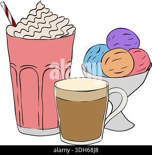 Milkshake, coffee, ice cream Creamy Beverage Drink Icon Cafe composition hand drawn illustration. Vector graphic line ink colored art. Sample poster, Stock Vector