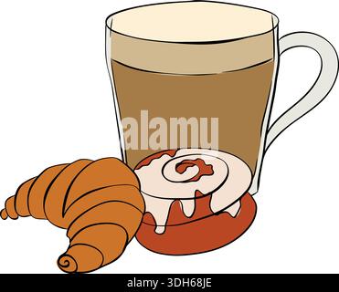 Coffee and Pastry Illustration Set, Espresso, Cappuccino, Latte, Mocha, Frappuccino, Croissant, Cinnamon Roll, Cafe composition hand drawn illustratio Stock Vector