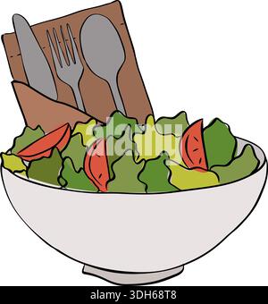 Healthy food. Flat vector illustration of salad vegetables with fork and knife Cafe composition hand drawn illustration. Vector graphic line ink color Stock Vector