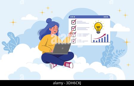 Flat illustration of woman with laptop pointing to checklist and growth chart in cloud background Stock Vector