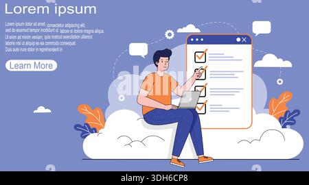 Man with laptop and checklist in cloud background Stock Vector